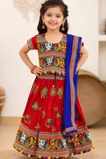 Red embroidered cotton traditional kids lehenga choli with blouse