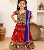 Red embroidered cotton traditional kids lehenga choli with blouse