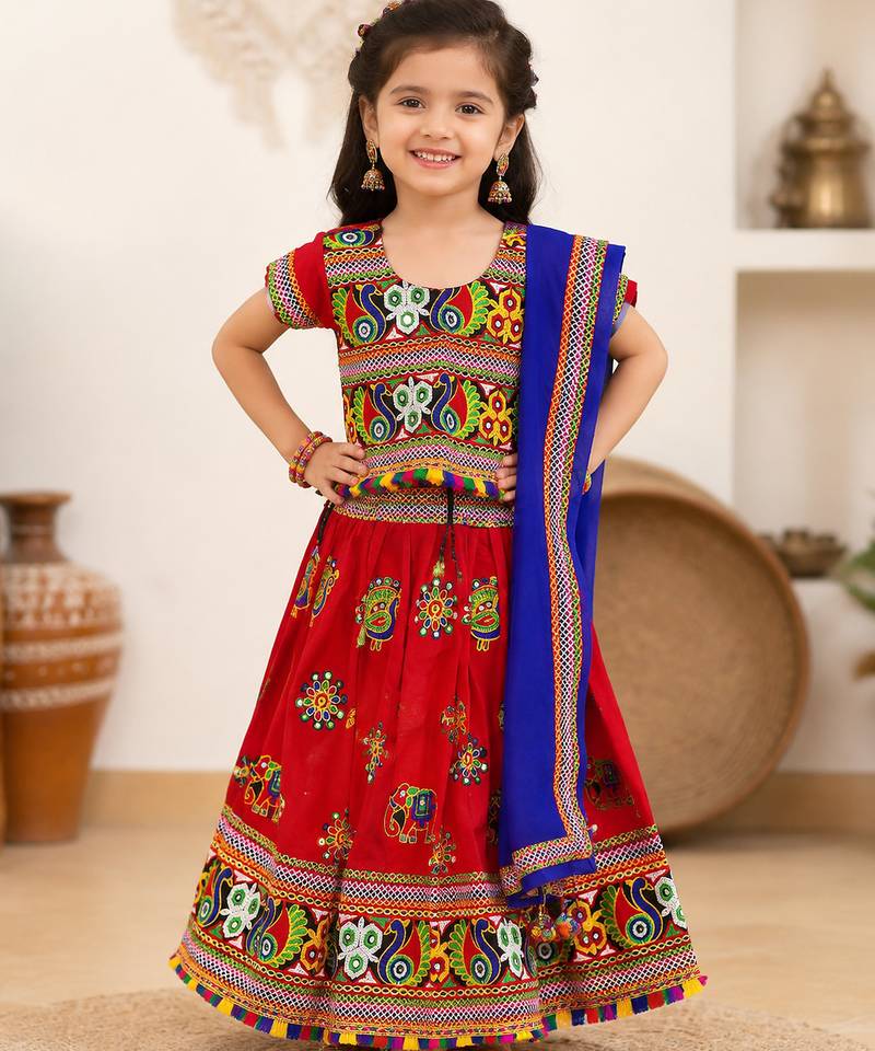 Red embroidered cotton traditional kids lehenga choli with blouse