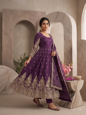 Wine colour embroidered georgette anarkali suit set with dupatta & pant 2