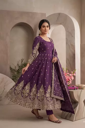 Wine colour embroidered georgette anarkali suit set with dupatta & pant