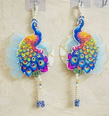 shubh labh peacock door hanging for home   handmade peacock wall hanging with pearl beads (pack of 2) 1