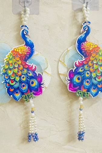 shubh labh peacock door hanging for home   handmade peacock wall hanging with pearl beads (pack of 2)