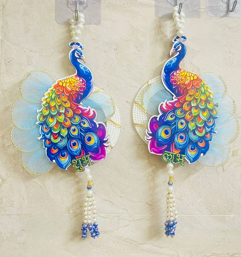 shubh labh peacock door hanging for home   handmade peacock wall hanging with pearl beads (pack of 2)