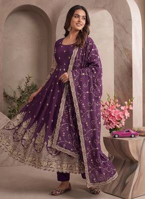 Wine colour embroidered georgette anarkali suit set with dupatta & pant 3