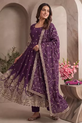 Wine colour embroidered georgette anarkali suit set with dupatta & pant