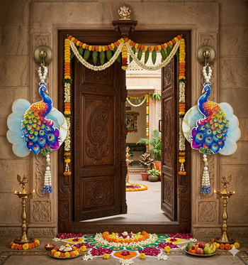 shubh labh peacock door hanging for home   handmade peacock wall hanging with pearl beads (pack of 2) 2