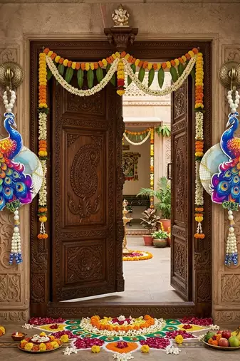 shubh labh peacock door hanging for home   handmade peacock wall hanging with pearl beads (pack of 2)