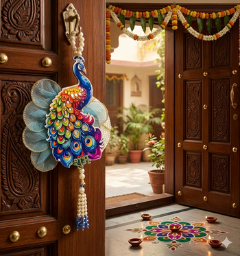shubh labh peacock door hanging for home   handmade peacock wall hanging with pearl beads (pack of 2) 3