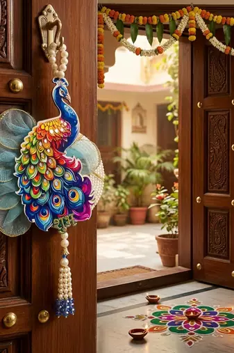 shubh labh peacock door hanging for home   handmade peacock wall hanging with pearl beads (pack of 2)