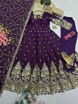 Wine colour embroidered georgette anarkali suit set with dupatta & pant 4