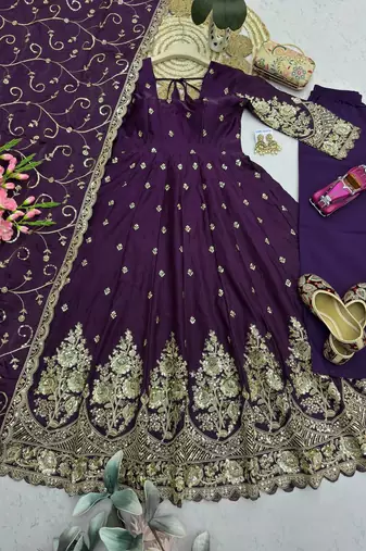 Wine colour embroidered georgette anarkali suit set with dupatta & pant