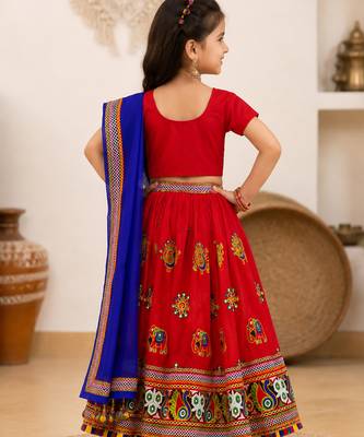 Red embroidered cotton traditional kids lehenga choli with blouse 2