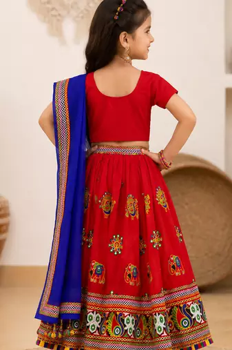 Red embroidered cotton traditional kids lehenga choli with blouse