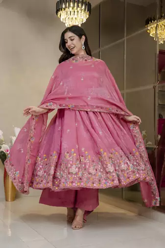 Women’s Pink Embroidered Anarkali Kurta Set with Dupatta & Palazzo