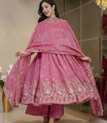 Women’s Pink Embroidered Anarkali Kurta Set with Dupatta & Palazzo