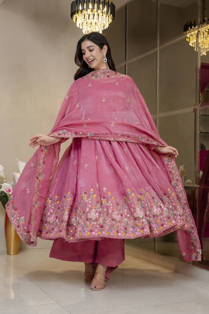 Women’s Pink Embroidered Anarkali Kurta Set with Dupatta & Palazzo