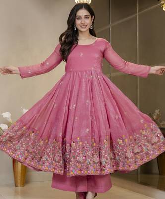 Women’s Pink Embroidered Anarkali Kurta Set with Dupatta & Palazzo 2