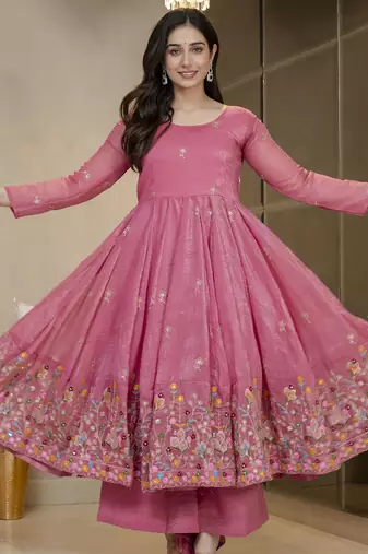 Women’s Pink Embroidered Anarkali Kurta Set with Dupatta & Palazzo