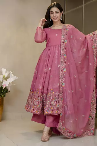 Women’s Pink Embroidered Anarkali Kurta Set with Dupatta & Palazzo