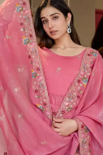 Women’s Pink Embroidered Anarkali Kurta Set with Dupatta & Palazzo