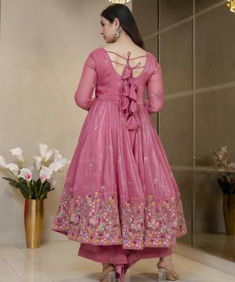 Women’s Pink Embroidered Anarkali Kurta Set with Dupatta & Palazzo 5