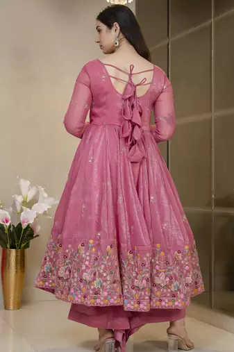 Women’s Pink Embroidered Anarkali Kurta Set with Dupatta & Palazzo