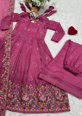 Women’s Pink Embroidered Anarkali Kurta Set with Dupatta & Palazzo 6