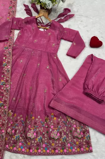 Women’s Pink Embroidered Anarkali Kurta Set with Dupatta & Palazzo