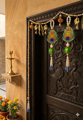 shubh labh floral door hanging for home decor  handmade pearl & golden hanging decoration (pack of 2)  2