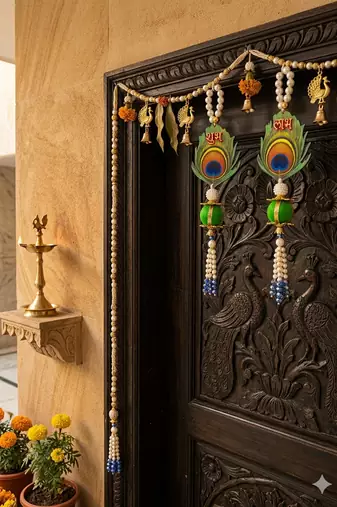 shubh labh floral door hanging for home decor  handmade pearl & golden hanging decoration (pack of 2) 
