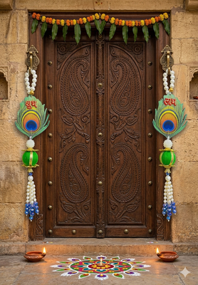 shubh labh floral door hanging for home decor  handmade pearl & golden hanging decoration (pack of 2)  3