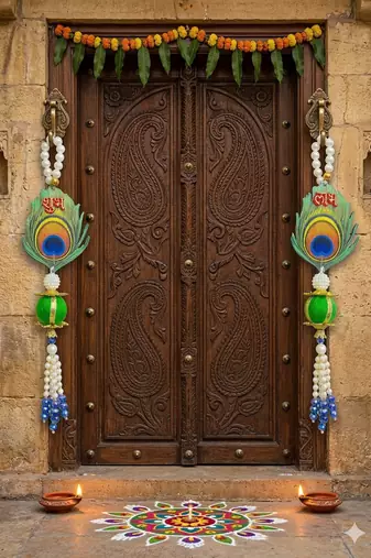 shubh labh floral door hanging for home decor  handmade pearl & golden hanging decoration (pack of 2) 