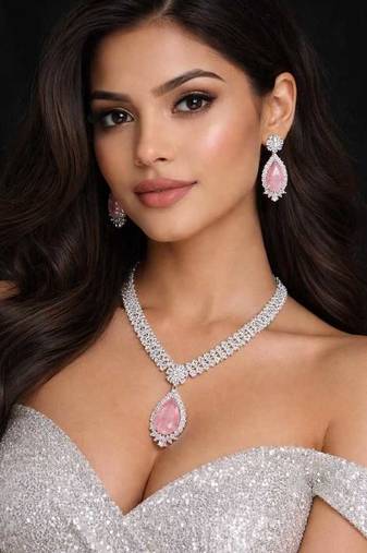Pink Teardrop CZ Jewelry Set | Bridal Necklace & Earrings