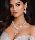 Pink Teardrop CZ Jewelry Set | Bridal Necklace & Earrings