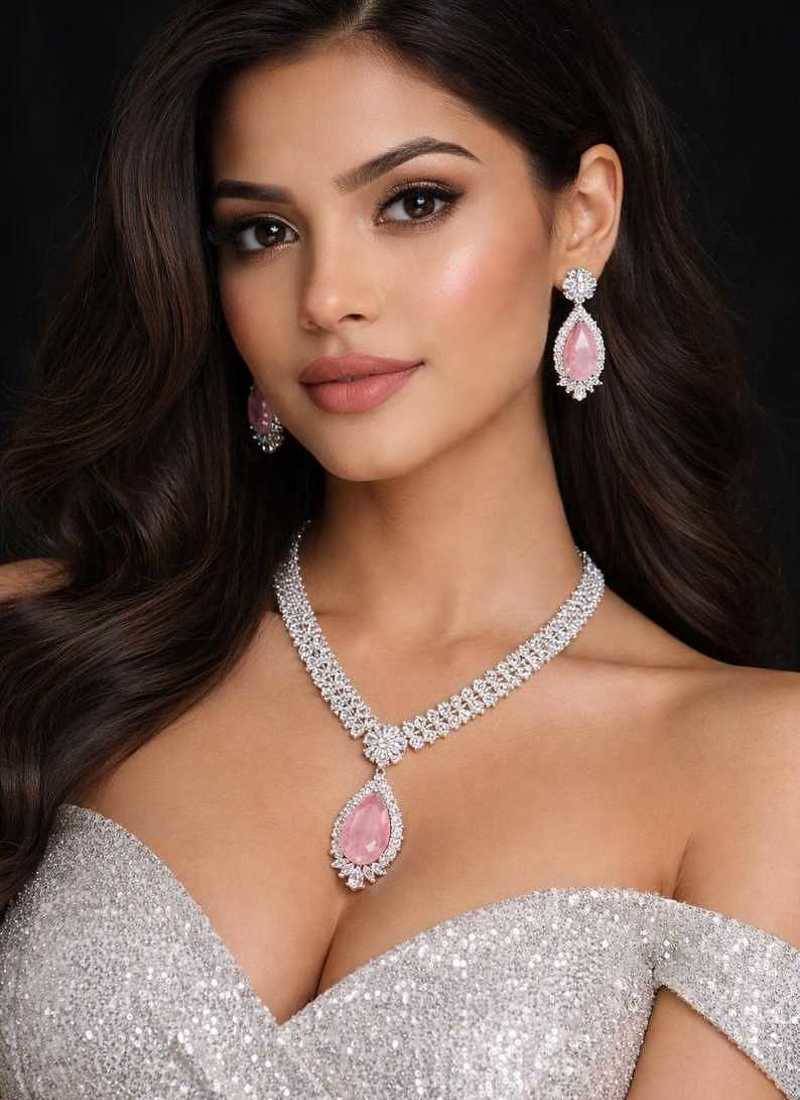 Pink Teardrop CZ Jewelry Set | Bridal Necklace & Earrings