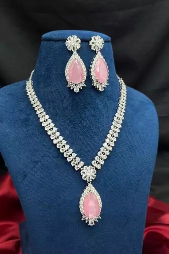 Pink Teardrop CZ Jewelry Set | Bridal Necklace & Earrings