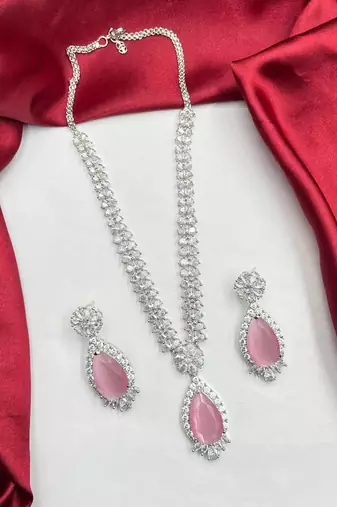 Pink Teardrop CZ Jewelry Set | Bridal Necklace & Earrings