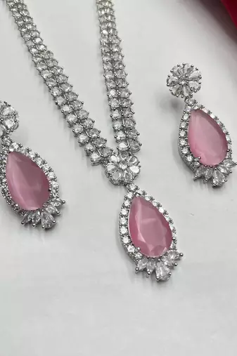 Pink Teardrop CZ Jewelry Set | Bridal Necklace & Earrings