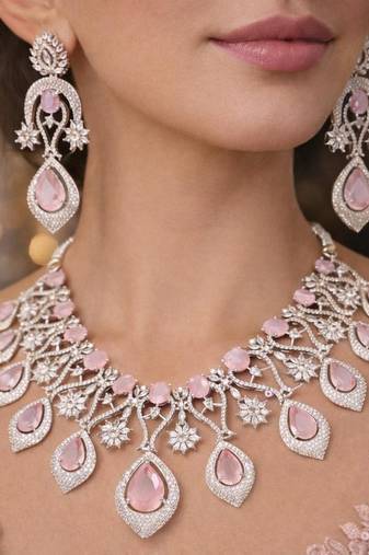 Bridal Jewelry Set: Pink Tear-Drop Necklace, Earrings, Maang Tikka – Silver Finish Indian Ethnic Weddings
