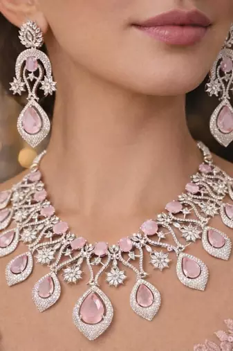 Bridal Jewelry Set: Pink Tear-Drop Necklace, Earrings, Maang Tikka – Silver Finish Indian Ethnic Weddings