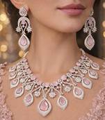 Bridal Jewelry Set: Pink Tear-Drop Necklace, Earrings, Maang Tikka – Silver Finish Indian Ethnic Weddings