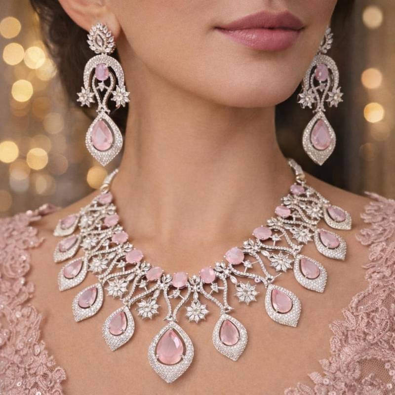 Bridal Jewelry Set: Pink Tear-Drop Necklace, Earrings, Maang Tikka – Silver Finish Indian Ethnic Weddings