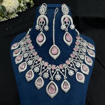 Bridal Jewelry Set: Pink Tear-Drop Necklace, Earrings, Maang Tikka – Silver Finish Indian Ethnic Weddings 2