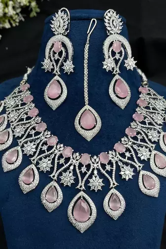Bridal Jewelry Set: Pink Tear-Drop Necklace, Earrings, Maang Tikka – Silver Finish Indian Ethnic Weddings