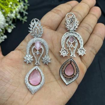 Bridal Jewelry Set: Pink Tear-Drop Necklace, Earrings, Maang Tikka – Silver Finish Indian Ethnic Weddings 3