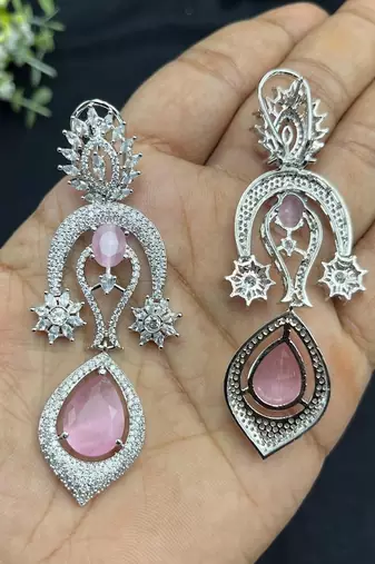 Bridal Jewelry Set: Pink Tear-Drop Necklace, Earrings, Maang Tikka – Silver Finish Indian Ethnic Weddings