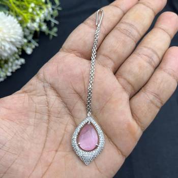 Bridal Jewelry Set: Pink Tear-Drop Necklace, Earrings, Maang Tikka – Silver Finish Indian Ethnic Weddings 4