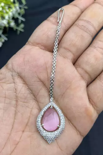 Bridal Jewelry Set: Pink Tear-Drop Necklace, Earrings, Maang Tikka – Silver Finish Indian Ethnic Weddings