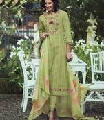 Green & Pink Floral Embroidered Pure Cotton Kurta With Trousers & Dupatta